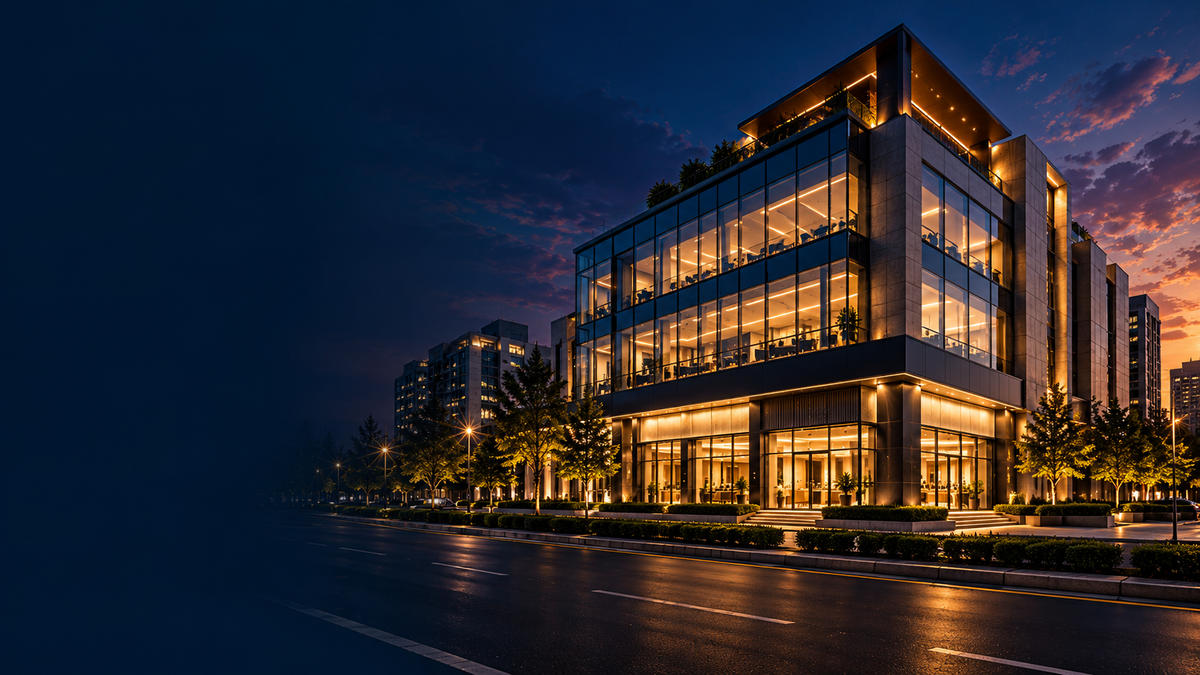 Modern commercial building at dusk
